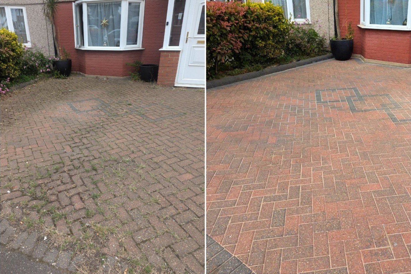 Before and after of a weedy front garden transformed into a paved area