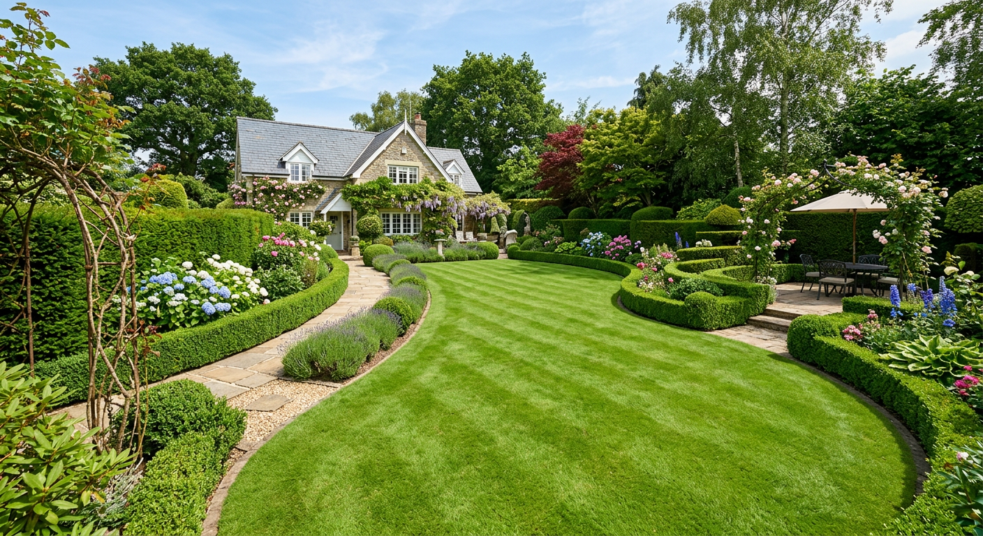 Lush cottage garden with flowering plants, mature trees and a garden path